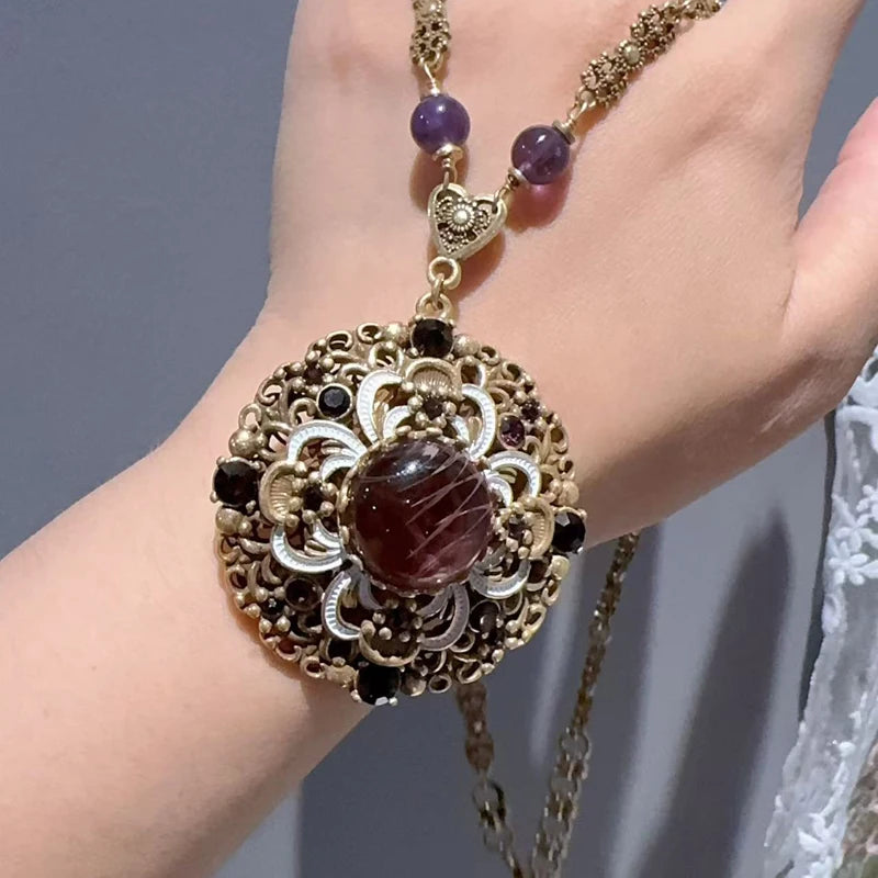 Vintage Purple Glaze Lion Pendant Necklace