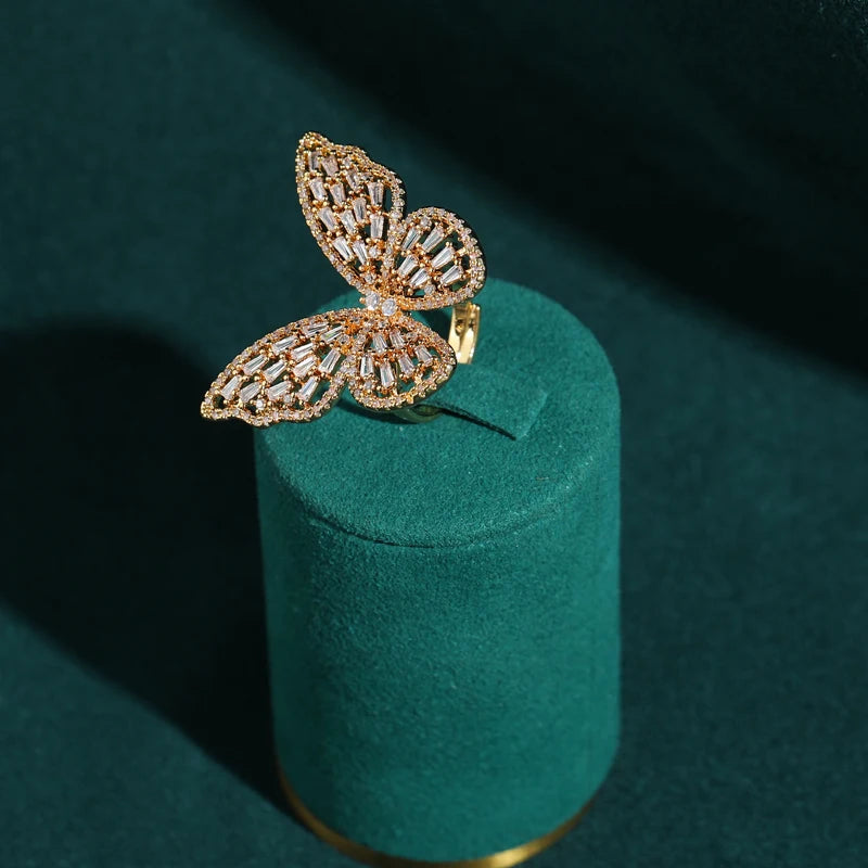 Vintage Butterfly Crystal Gold-Plated Statement Ring – Adjustable