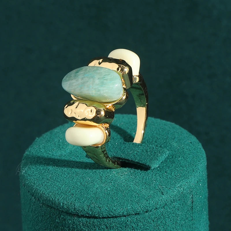 Art Deco Triple Stone Cocktail Ring – Green Oval with White & Gold Accents
