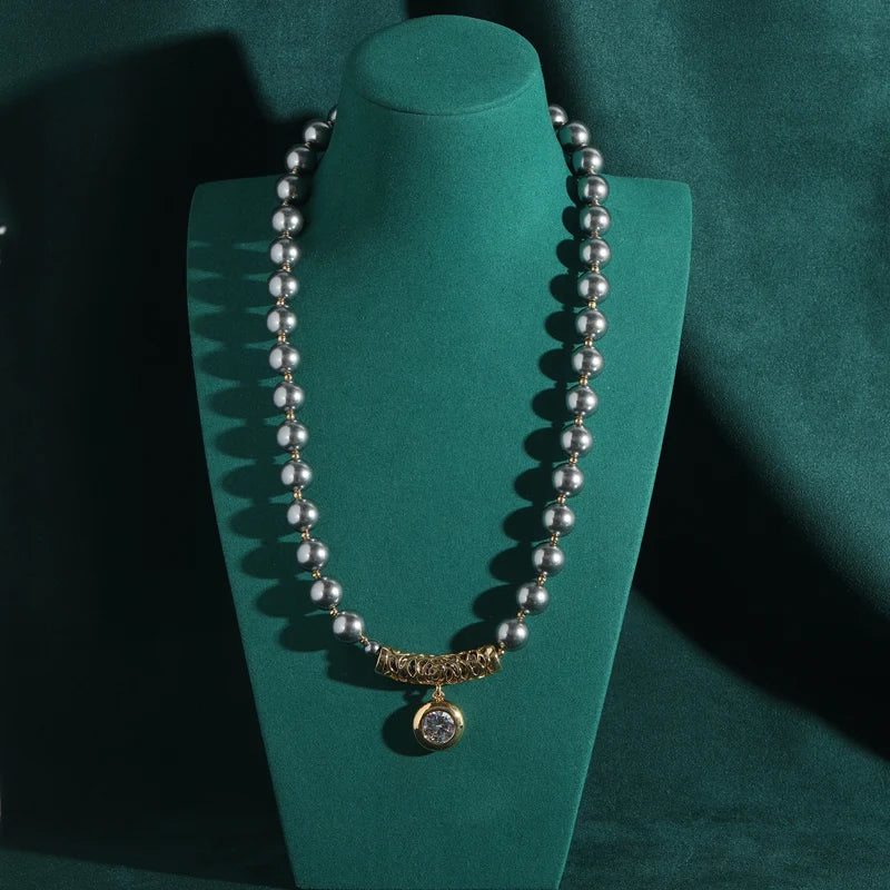 Gray Pearl & Zircon Pendant Necklace – Retro Hollywood Noir Revival