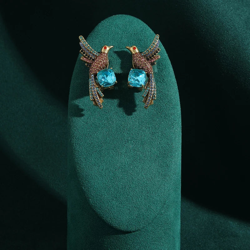 Victorian Revival Phoenix Earrings – Blue Crystal Bird Studs with Rhinestone Detail