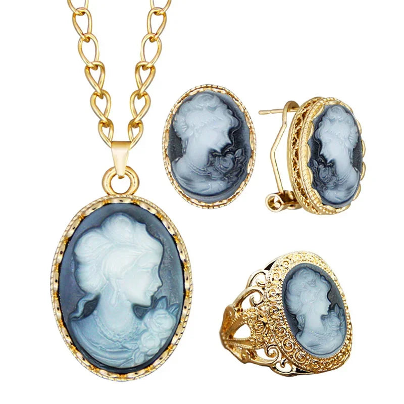 Lady Queen Cameo Jewelry Set (Necklace, Earrings & Ring)