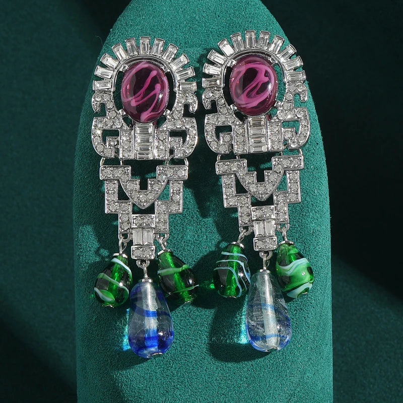 1950s Retro Hollywood Waterdrop Earrings – Purple Glass & Zircon Statement Pair