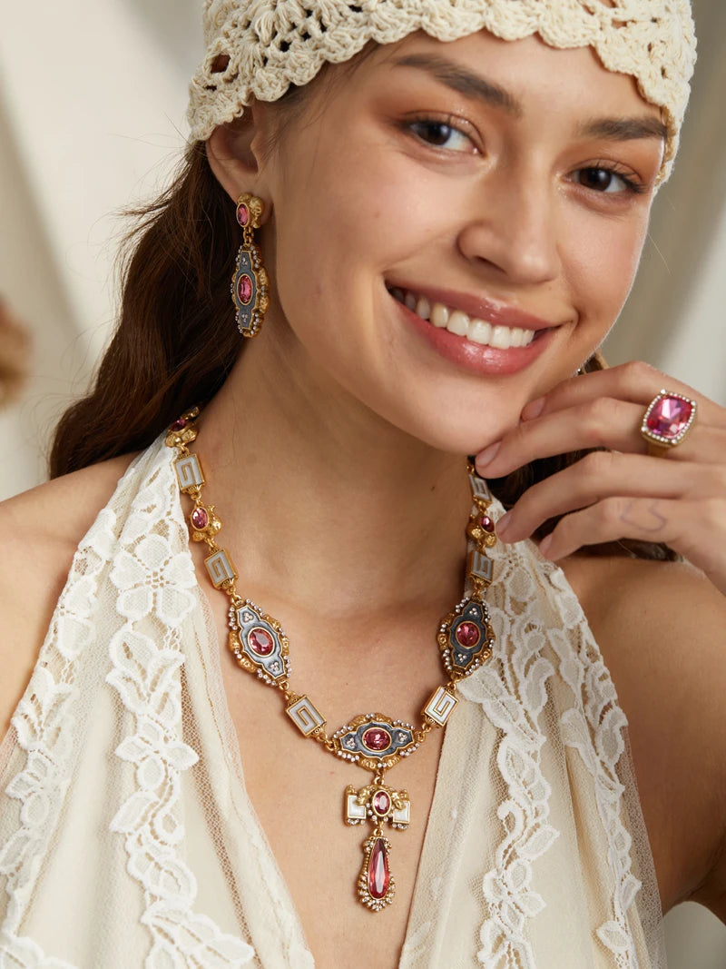 Vintage Palace Pink Crystal Pendant Necklace – 1950s Royal Enamel Glam