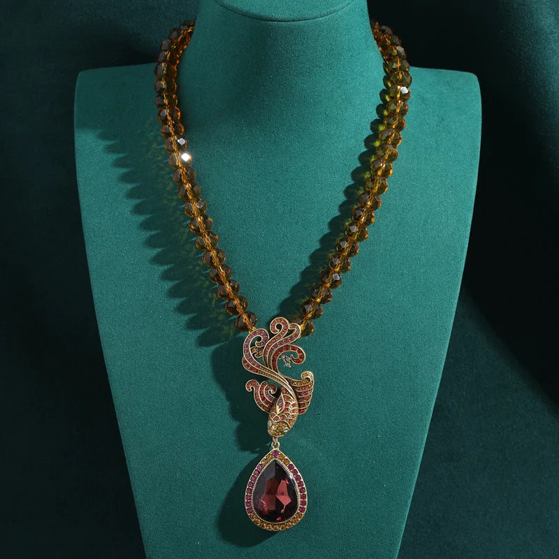 Vintage Purple Crystal Beaded Necklace with Water Drop Pendant