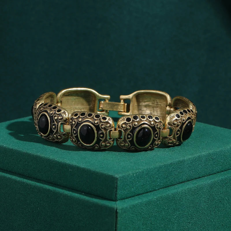 1920s Art Deco Black Agate Bracelet – Gold-Plated Oval Bangle