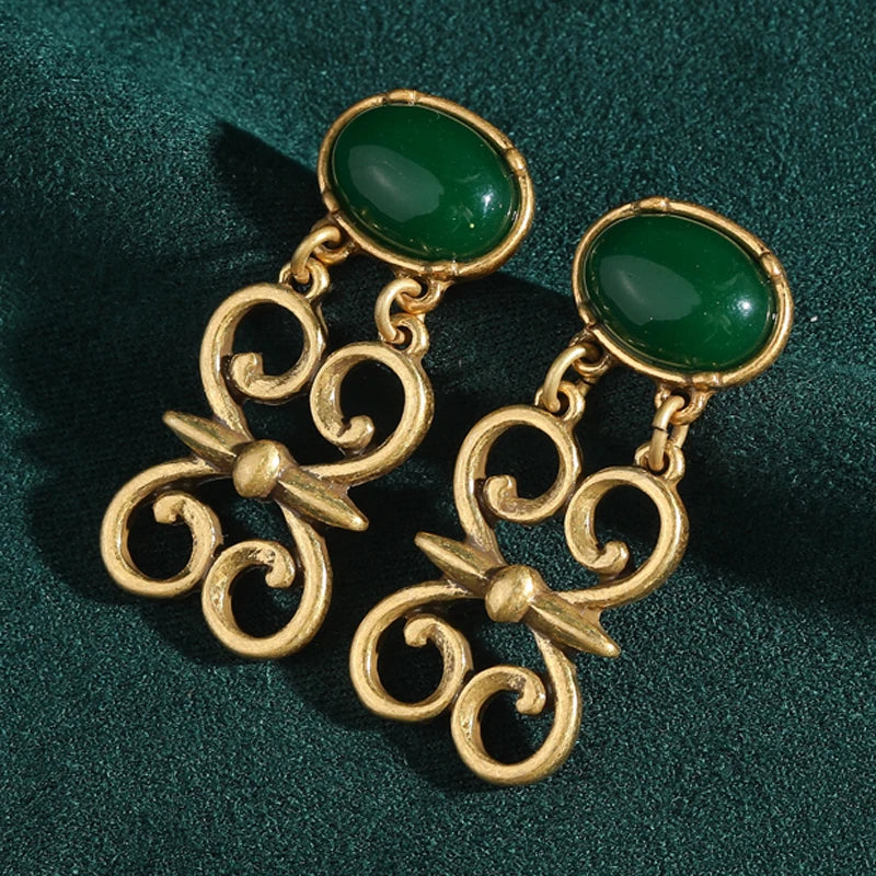 Art Deco Green Agate Butterfly Drop Earrings – Hollow Scroll Statement Pair