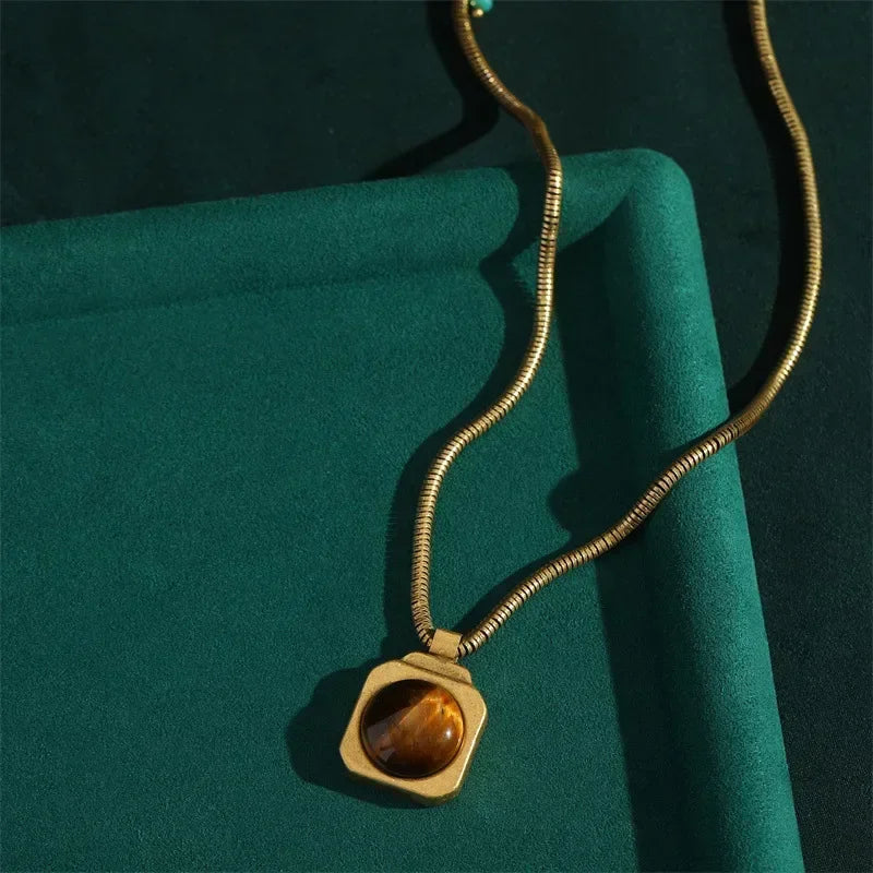Vintage Square Tiger Eye Pendant Necklace