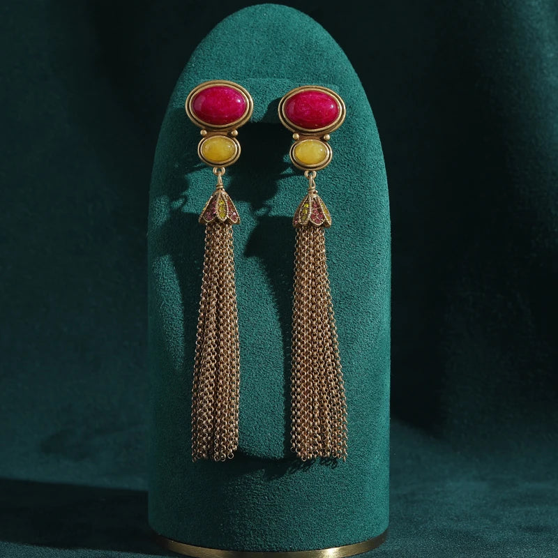 Vintage Red Stone Tassel Earrings – Dramatic Drop Glam