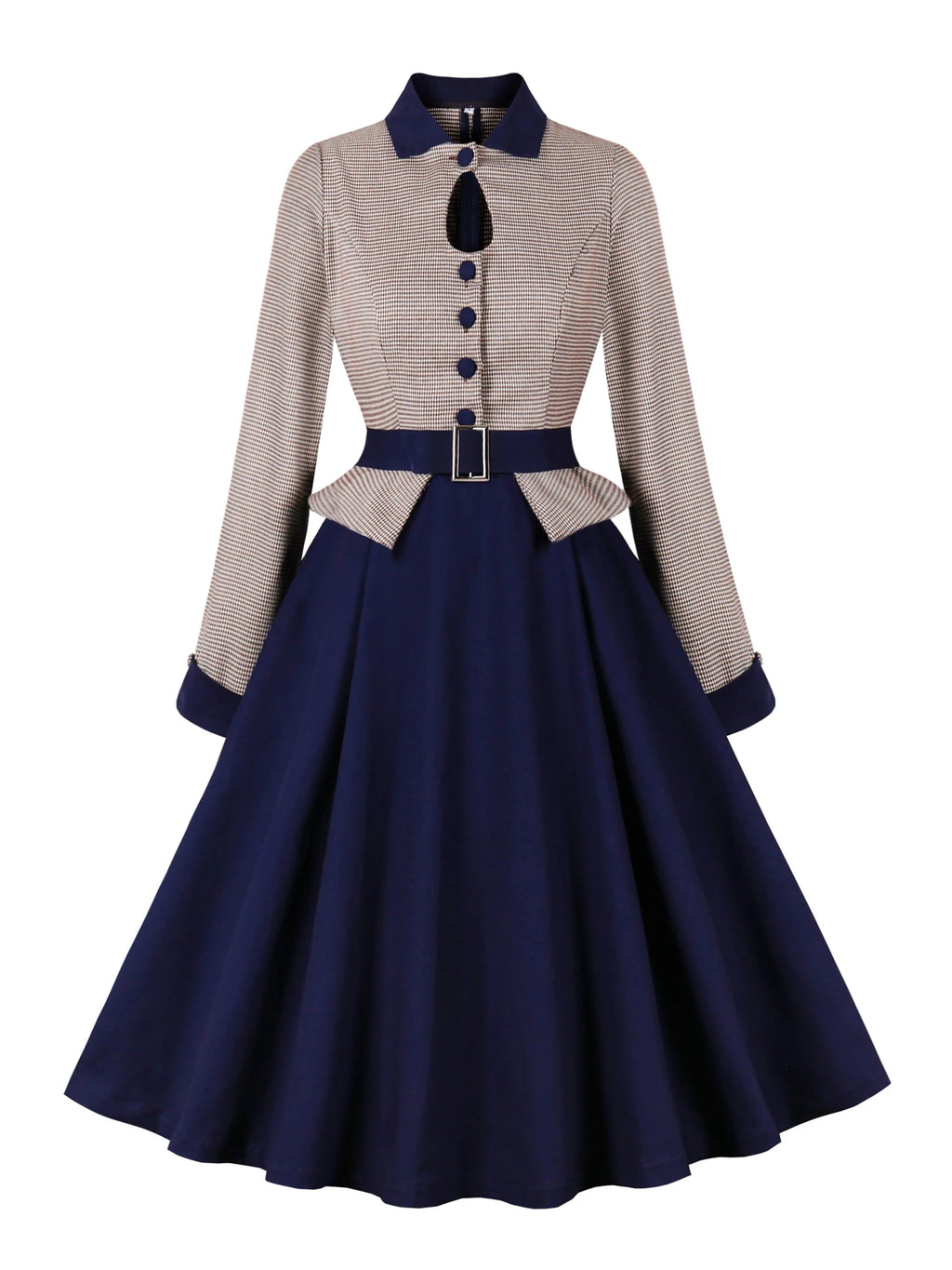 The 'Sophisticated Scholar' Vintage-Inspired Two-Tone Midi Dress - Navy & Pinstripe