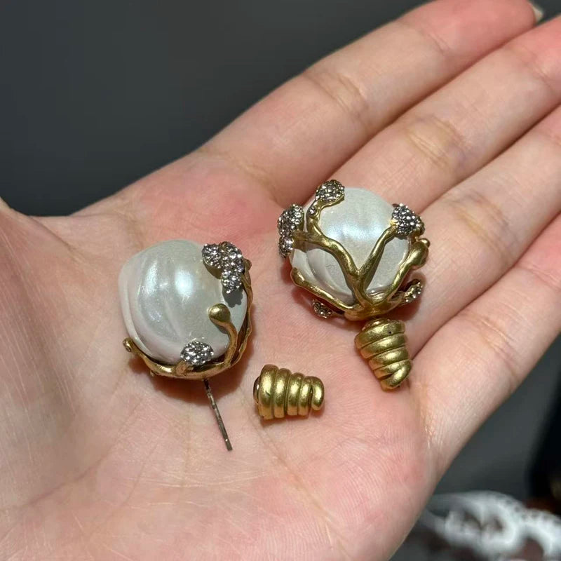 Baroque Revival Shell Bulb Earrings – Large Freshwater Pearl Studs with Spiral Clasp