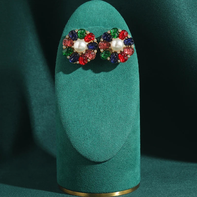 Vintage Colorful Pearl Flower Earrings – Glamour in Full Bloom