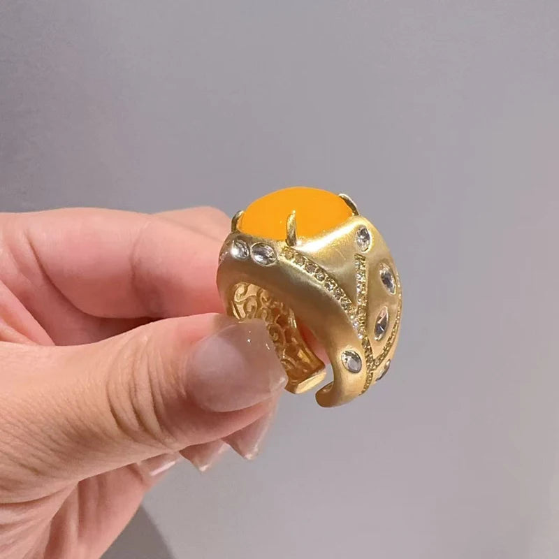 Vintage Yellow Agate & Blue Rhinestone Gold-Plated Statement Ring – Adjustable