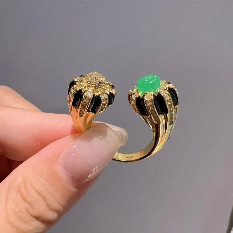 Vintage Green Glaze Pumpkin Gold-Plated Statement Ring – Adjustable