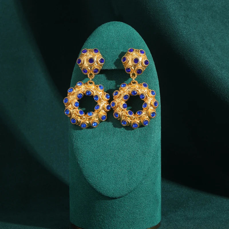 80s Power Glam Blue Crystal Circle Drop Earrings – Oversized Clip-On Statement Pair