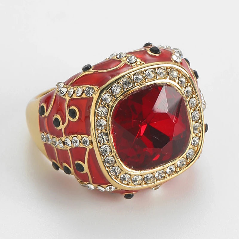 Vintage Red Crystal Square Gold-Plated Statement Ring – Adjustable