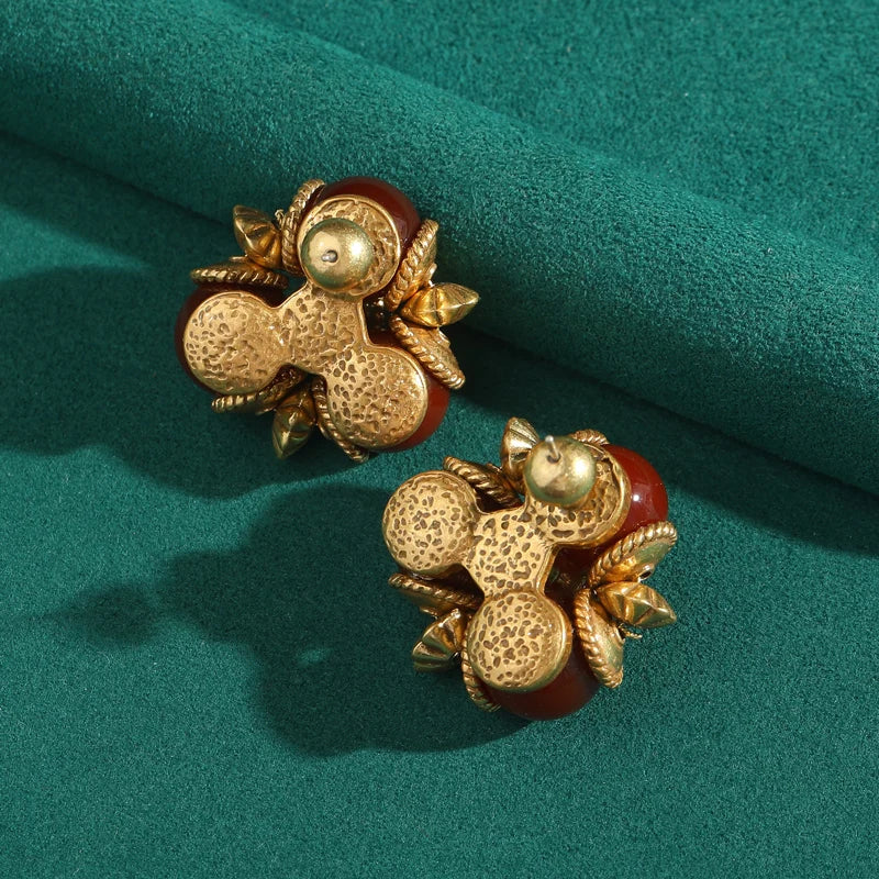 Art Deco Red Glazed Leaf Earrings – Triple Studs with Gold-Toned Floral Detail