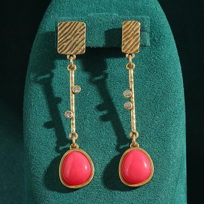 Vintage Red Water Drop Earrings with Natural Stone