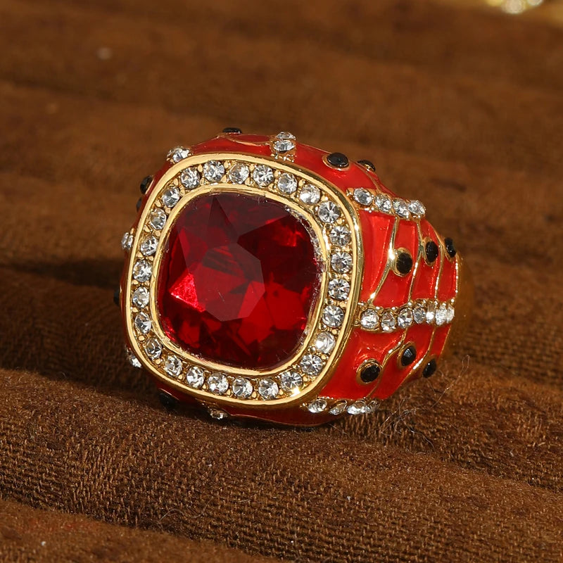 Vintage Red Crystal Square Gold-Plated Statement Ring – Adjustable