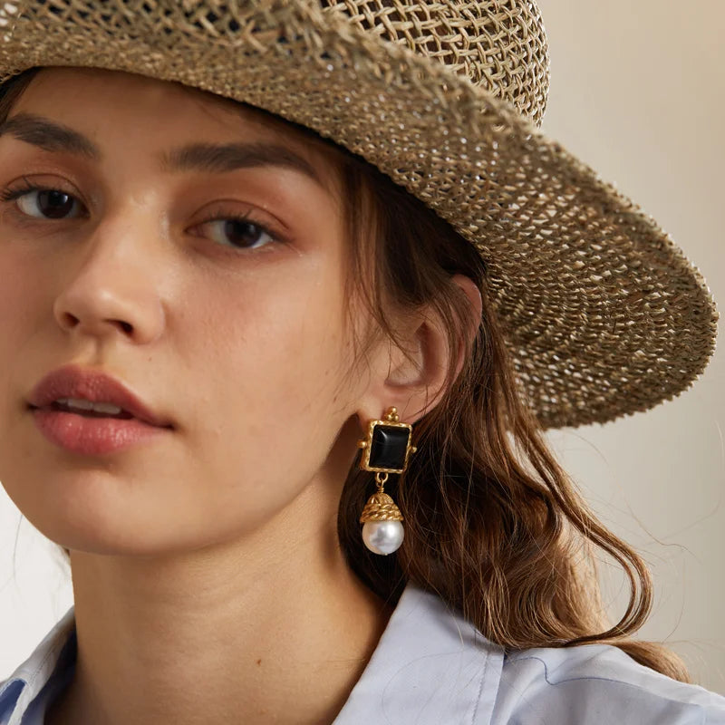 Square Black Agate & Pearl Drop Earrings – Vintage-Inspired Regal Glam