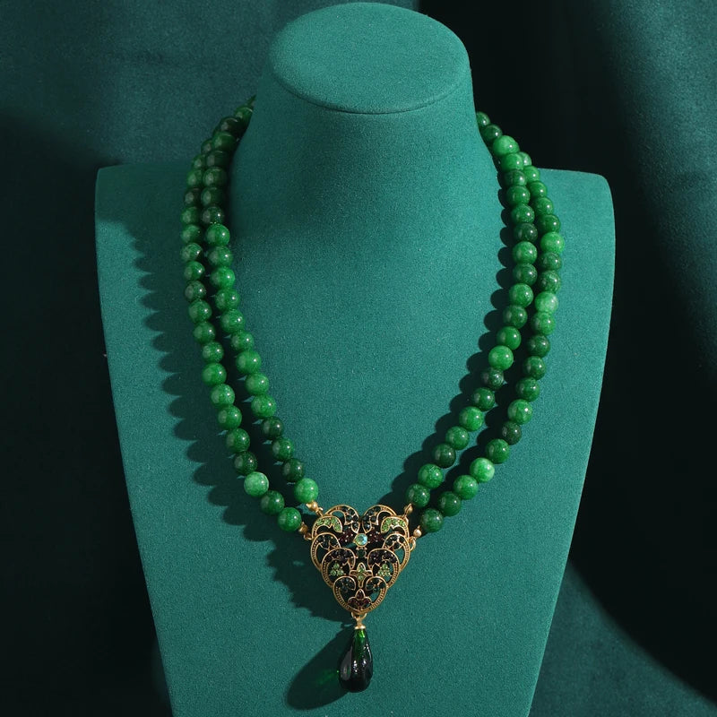 Boho Mod Layered Green Beads Necklace – Ornate Heart Pendant Statement Strand