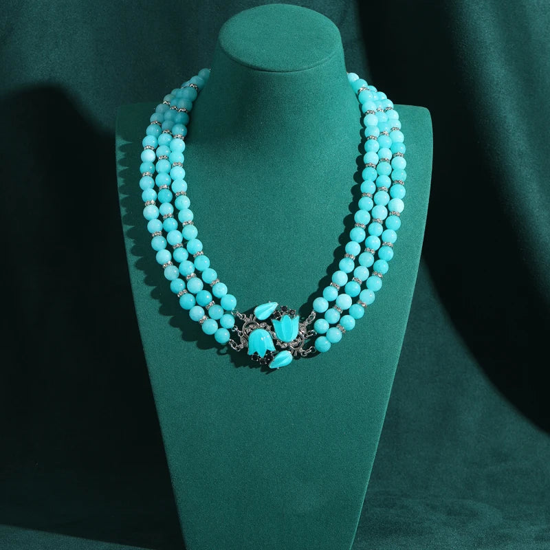 Vintage Blue Glaze Magnolia Layered Beaded Necklace
