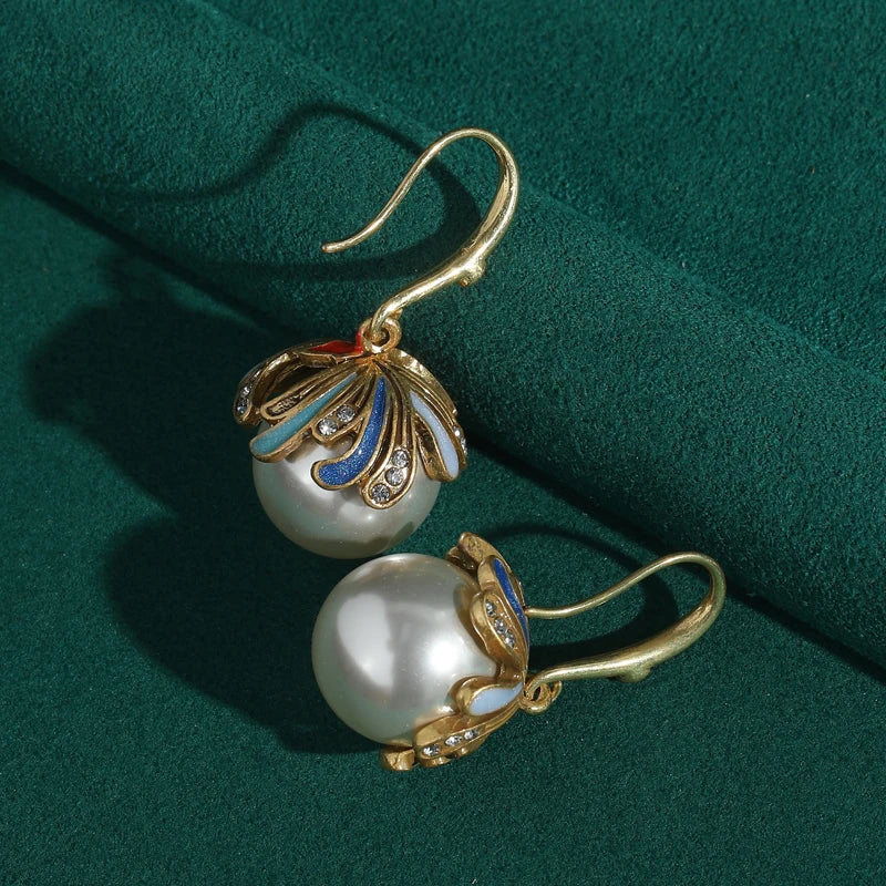 Retro Hollywood Pearl Drop Earrings – Rhinestone & Enamel Hook Pair