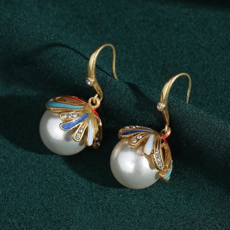 Retro Hollywood Pearl Drop Earrings – Rhinestone & Enamel Hook Pair