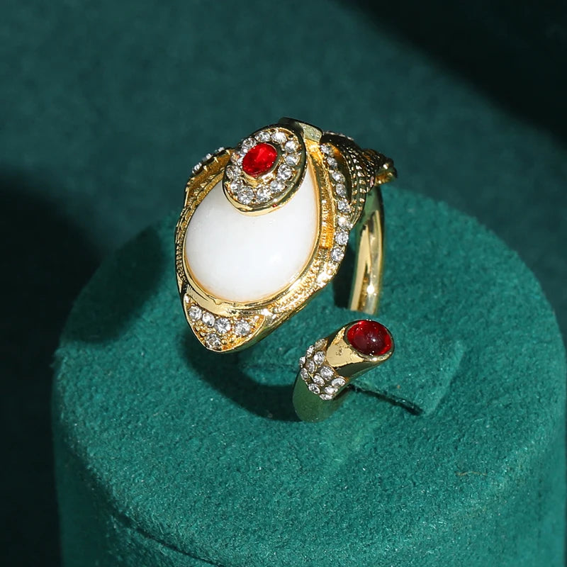 Vintage Snake Coil Ring – White Stone & Red Gem Eyes – Gold-Plated Adjustable