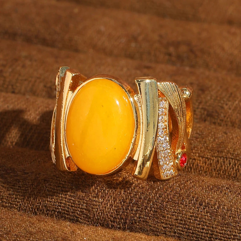 Art Deco Amber Teardrop Ring – 18K Gold-Plated