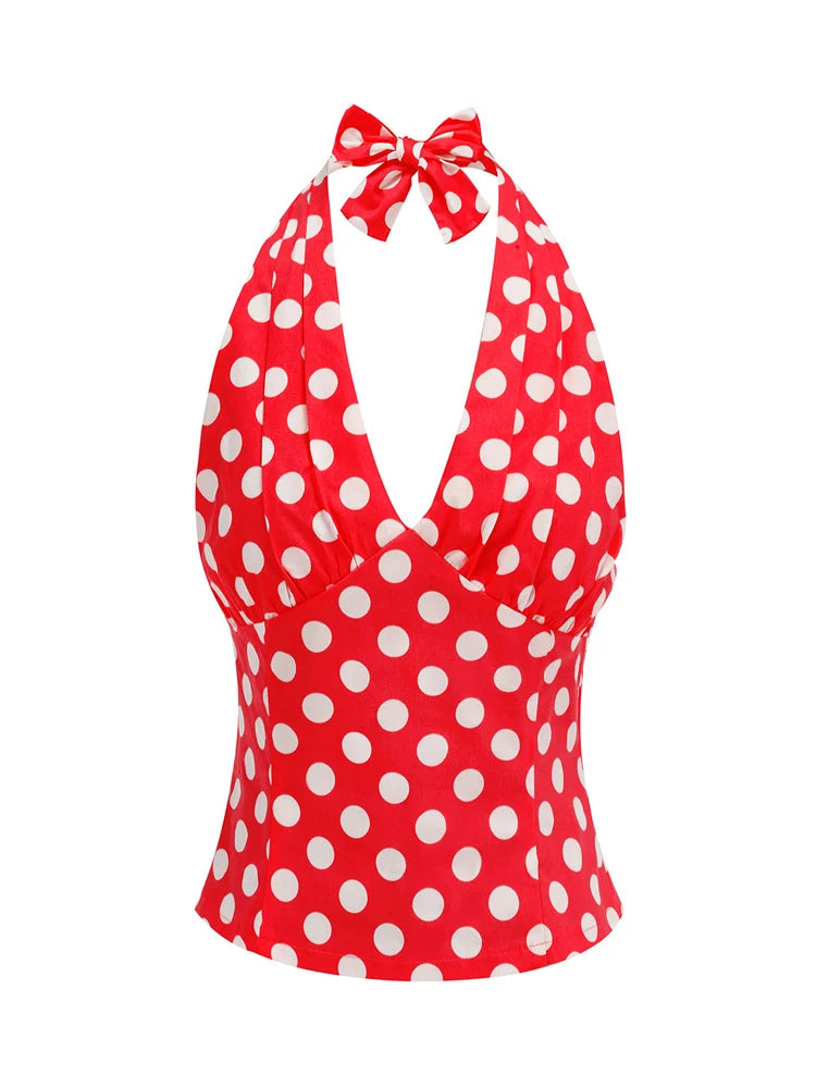 Retro Polka Dot Halter Crop Top - Vintage Pin-Up Style