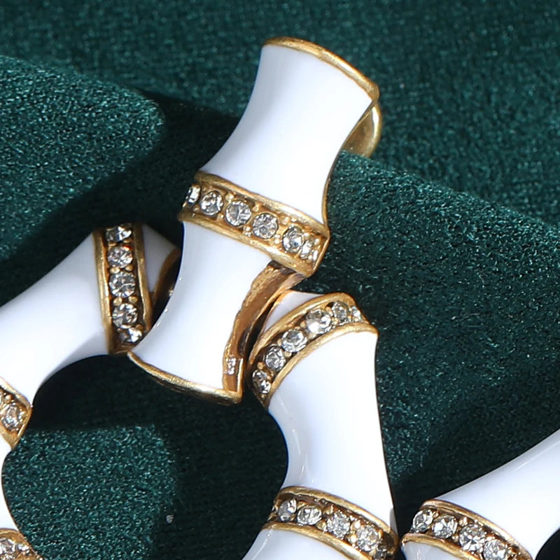 Vintage White Enamel Bamboo Hoop Gold Plated Earrings - Natural Stone Inlay