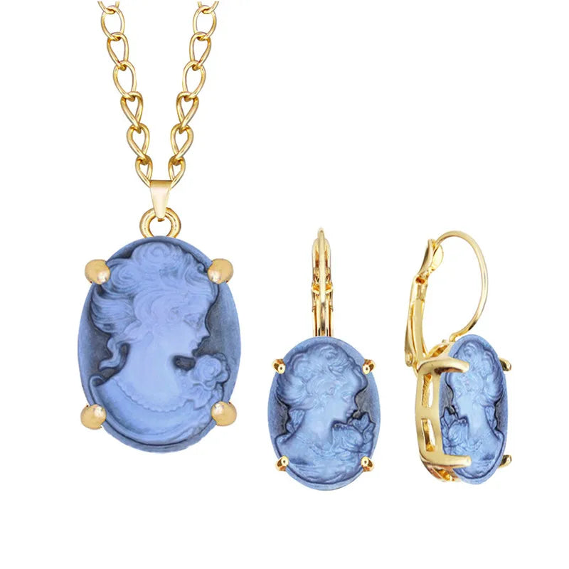 Lady Queen Cameo Jewelry Set – Necklace &amp; Earrings (1890s Inspired)
