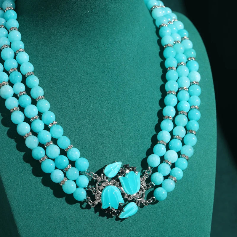 Vintage Blue Glaze Magnolia Layered Beaded Necklace