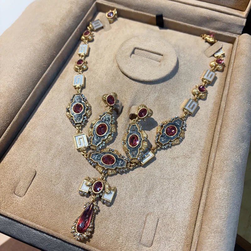 Vintage Palace Pink Crystal Pendant Necklace – 1950s Royal Enamel Glam