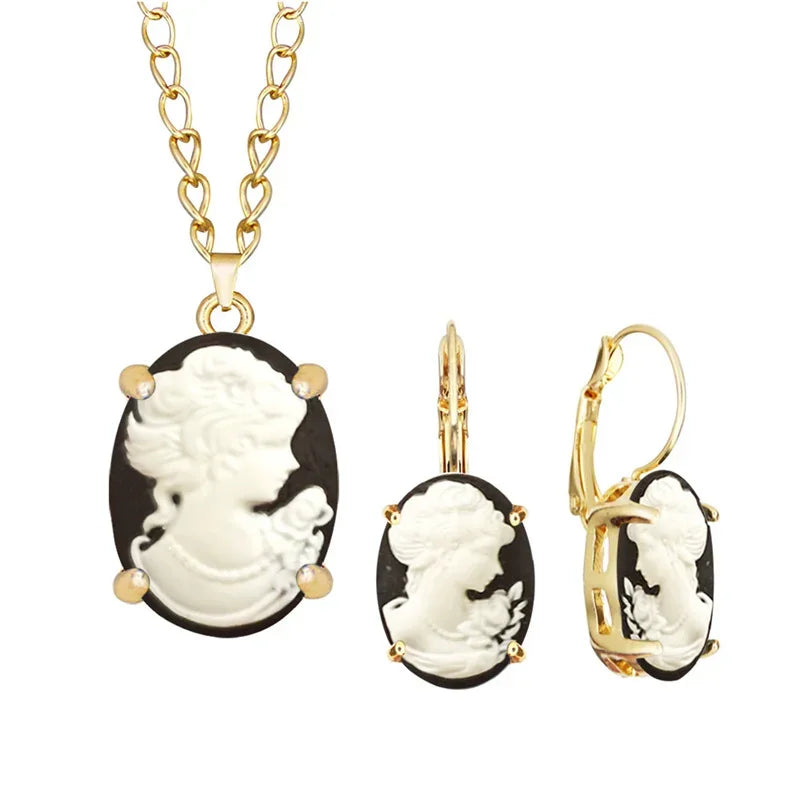 Lady Queen Cameo Jewelry Set – Necklace &amp; Earrings (1890s Inspired)