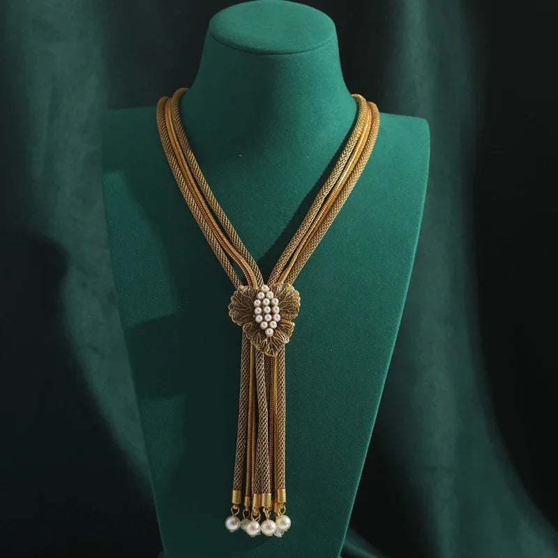 Vintage Gold Tone Tassel & Pearl Long Lariat Necklace