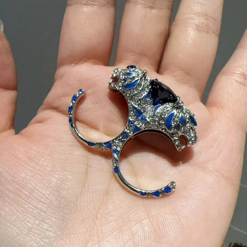 1920s Art Deco Panther Statement Ring – Silver & Sapphire Inlay