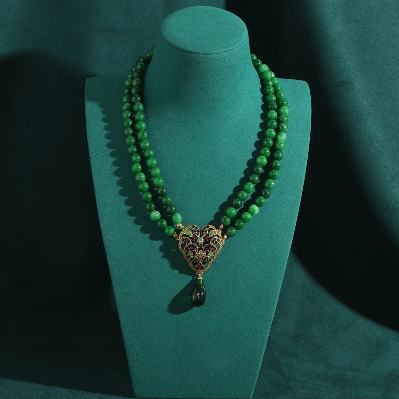 Boho Mod Layered Green Beads Necklace – Ornate Heart Pendant Statement Strand