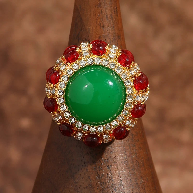 Vintage Green Agate & Red Glaze Gold-Plated Statement Ring – Adjustable
