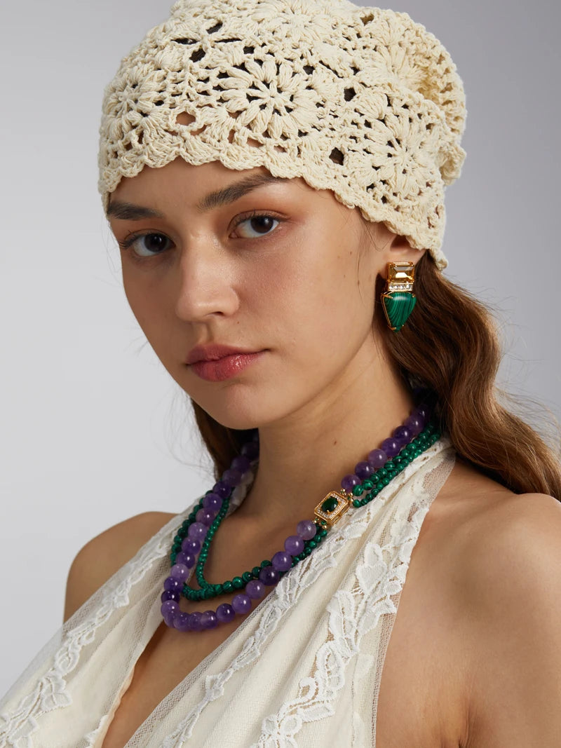 Vintage Green Malachite Beads Necklace – Layered Earth & Crystal Charm