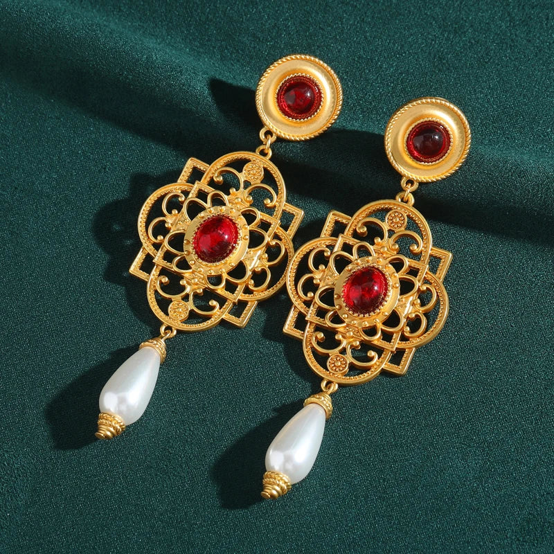 Victorian Palace Red Glaze Drop Earrings – Long Pearl Chandelier Clip-Ons