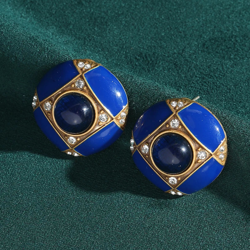 Art Deco Royal Blue Enamel Stud Earrings – Geometric Gold & Crystal Statement Pair
