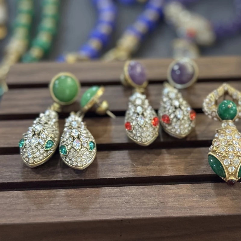 Vintage Snake Head Earrings – Green Crystal Drop