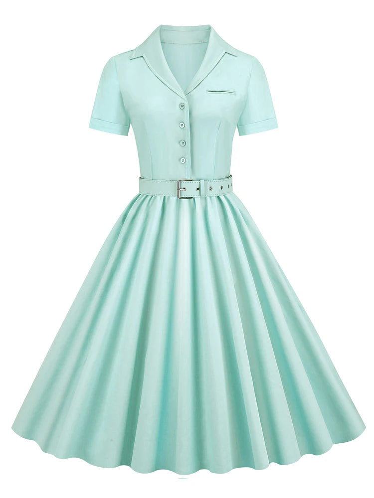 Classic 1950s Vintage Shirtwaist Swing Dress with Belt - Retro Button-Up Midi