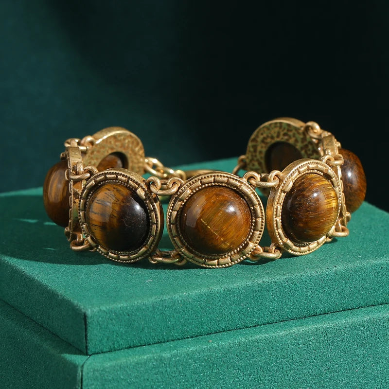 1950s Retro Hollywood Tiger Eye Bracelet – Gold-Plated Round Statement
