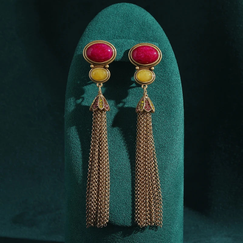 Vintage Red Stone Tassel Earrings – Dramatic Drop Glam