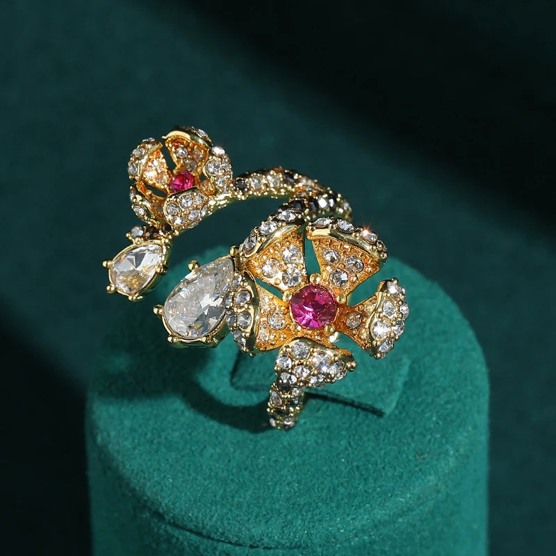 Vintage Natural Stone Double Big Flower Gold Plated Open Ring - Rhinestone Accents