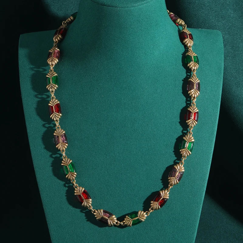 Art Deco Enamel & Natural Stone Choker Necklace – Geometric Beaded Statement