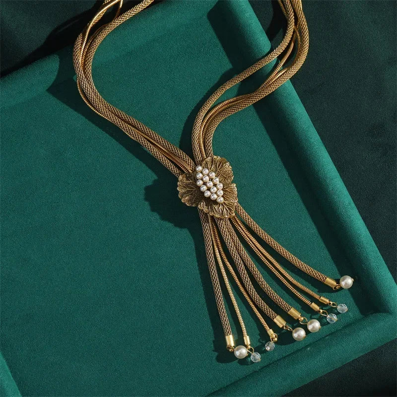 Vintage Gold Tone Tassel & Pearl Long Lariat Necklace